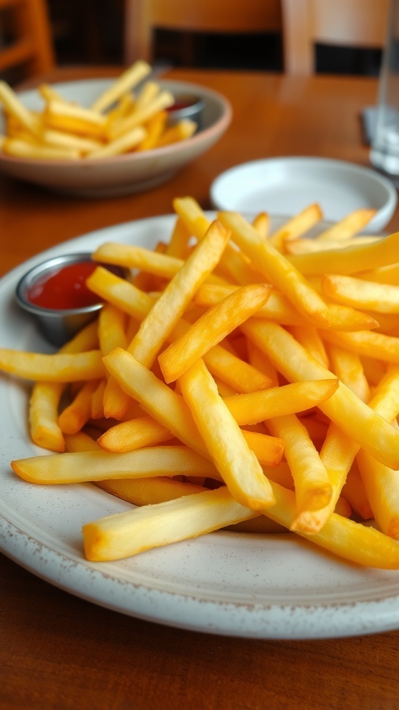 Perfectly Reheated French Fries in an Air Fryer Crispy reheated French fries served in a bowl with ketchup on a wooden table.